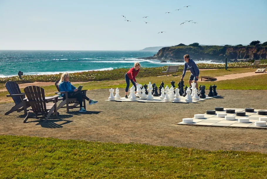 People play a large outdoor chess set on a grassy riverside, while two others sit in wooden chairs nearby reading.