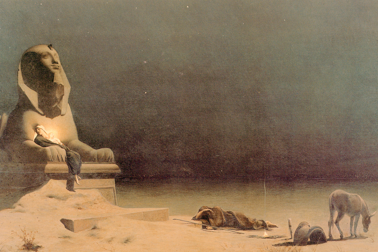 Luc-Olivier Merson's 1879 painting, "Rest on the Flight into Egypt," depicts the Virgin Mary and baby Jesus resting in the lap of the Great Sphinx under a vast, desolate night sky, illuminated by an ethereal light source. Joseph lies sleeping nearby, with a donkey grazing, and a faint smoke trail from a dying fire. This version, once owned by William Randolph Hearst, includes a subtle crescent moon in the upper left corner, adding a mystical quality to the scene.